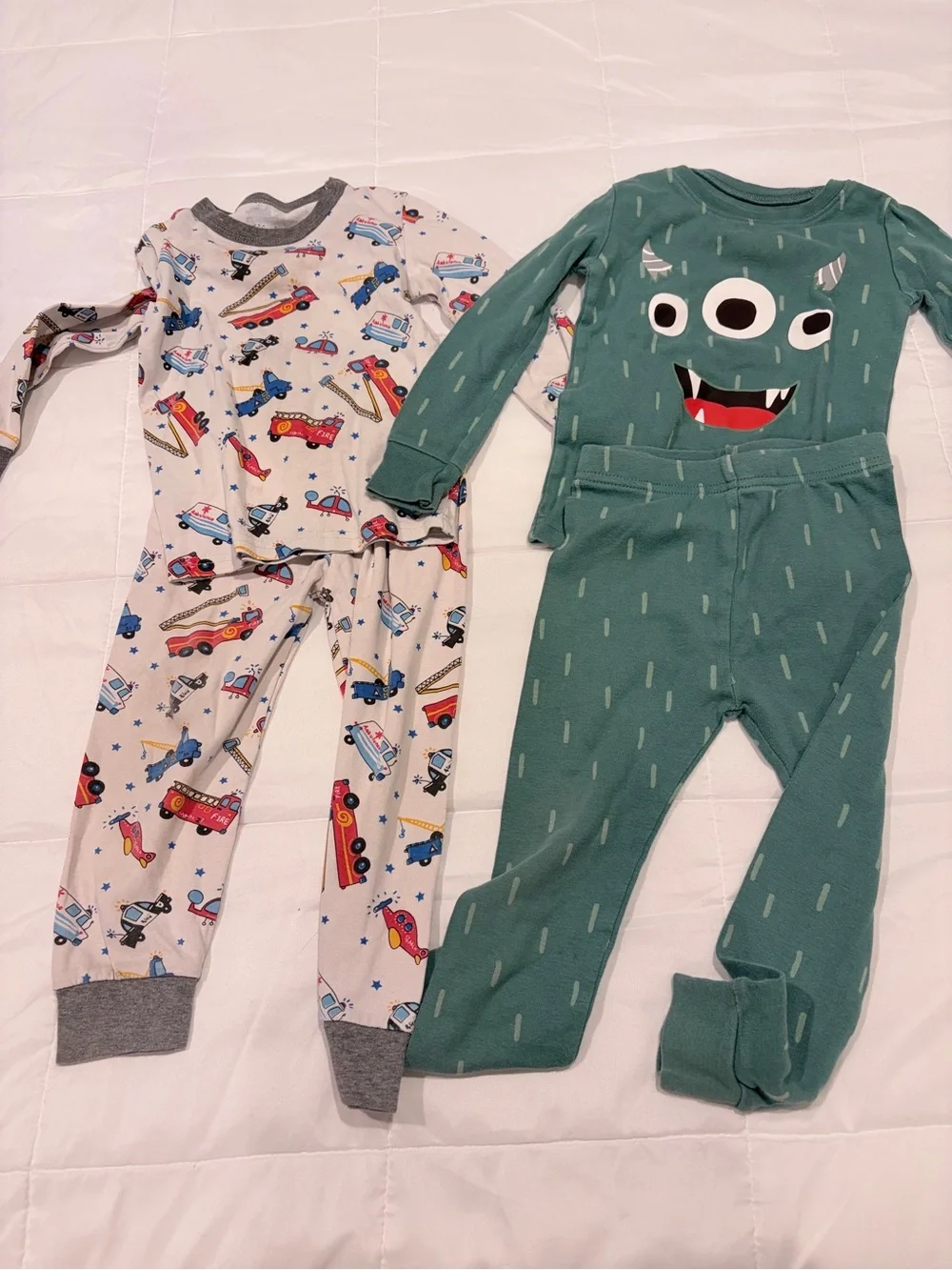 Old Navy Green Monster Pajama Set & Shelry White Vehicle Print Set
